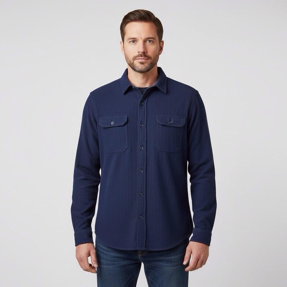 Woolrich Deep Blue Flannel Shirt Mens Large Soft 100% Cotton Minimalist Shacket